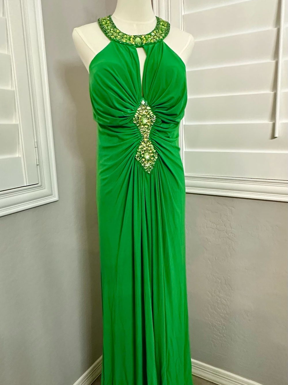 Embellished Halter Backless Evening Gown in Emerald Green